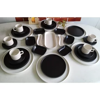 Keramika Stackable Yuvarlak 33 Parça 6 Kişilik Seramik Kahvaltı Takımı Beyaz-Siyah