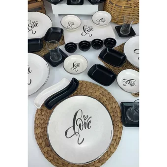 Keramika Love Desenli 34 Parça 6 Kişilik Seramik Kahvaltı Takımı Beyaz