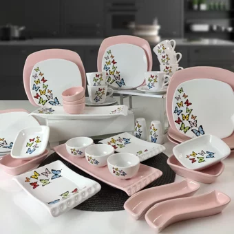 Keramika Kelebek Kare Desenli 42 Parça 6 Kişilik Seramik Kahvaltı Takımı Beyaz-Pembe
