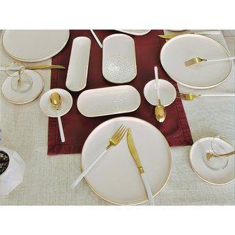Glore Krem Yuvarlak 41 Parça 6 Kişilik Seramik Kahvaltı Takımı Altın