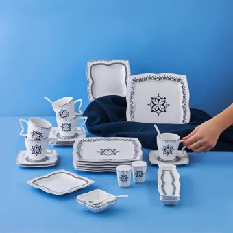 Karaca New Blau Kare Desenli 32 Parça 6 Kişilik Porselen Kahvaltı Takımı Beyaz