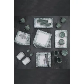 Acar Mint Kare Desenli 33 Parça 6 Kişilik Seramik Kahvaltı Takımı Yeşil