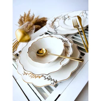 Casa De Bella Desenli Yuvarlak Desenli 120 Parça 12 Kişilik Bone China Kahvaltı Takımı Beyaz