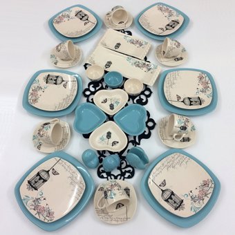 Keramika Retro Desenli 36 Parça 6 Kişilik Seramik Kahvaltı Takımı Beyaz-Mavi