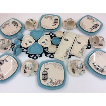 Keramika Retro Desenli 36 Parça 6 Kişilik Seramik Kahvaltı Takımı Beyaz-Mavi