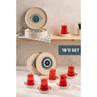 Vienev Nazar Desenli 18 Parça 6 Kişilik Seramik Kahvaltı Takımı Çok Renkli