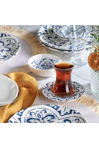 Davet Desenli Yuvarlak Desenli 24 Parça 6 Kişilik Porselen Kahvaltı Takımı Mavi