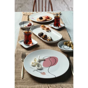Keramika Forever & Always Yuvarlak Desenli 11 Parça 2 Kişilik Seramik Kahvaltı Takımı Beyaz