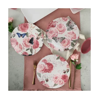Keramika Pembe Gül Desenli 12 Parça 4 Kişilik Stoneware Kahvaltı Takımı Çok Renkli