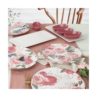 Keramika Pembe Gül Desenli 12 Parça 4 Kişilik Stoneware Kahvaltı Takımı Çok Renkli