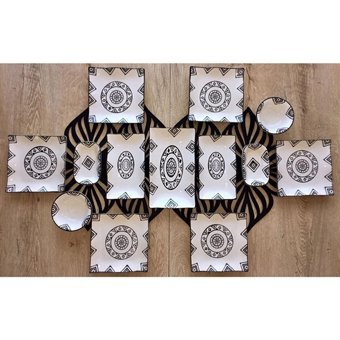 Venüs Home Kilim Desenli 13 Parça 6 Kişilik Seramik Kahvaltı Takımı Beyaz-Siyah