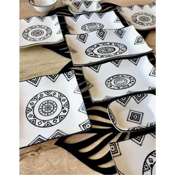 Venüs Home Kilim Desenli 13 Parça 6 Kişilik Seramik Kahvaltı Takımı Beyaz-Siyah