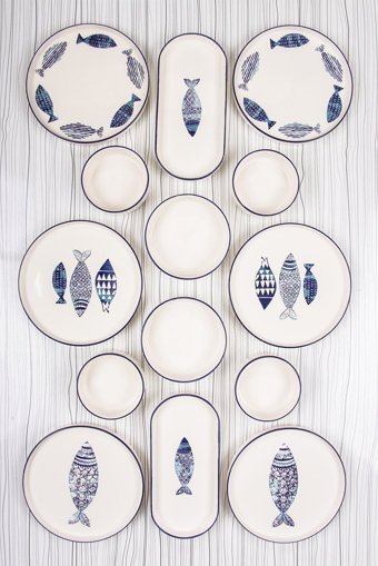 Mukko Home Balık Desenli 14 Parça 6 Kişilik Seramik Kahvaltı Takımı Mavi