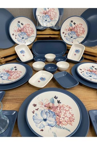 Keramika Blue Flowers Desenli 37 Parça 6 Kişilik Seramik Kahvaltı Takımı Çok Renkli
