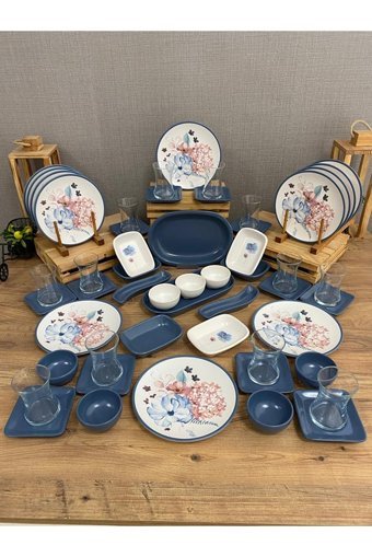 Demet Çeyiz Blue Flowers Kare Desenli 53 Parça 12 Kişilik Stoneware Kahvaltı Takımı Mavi