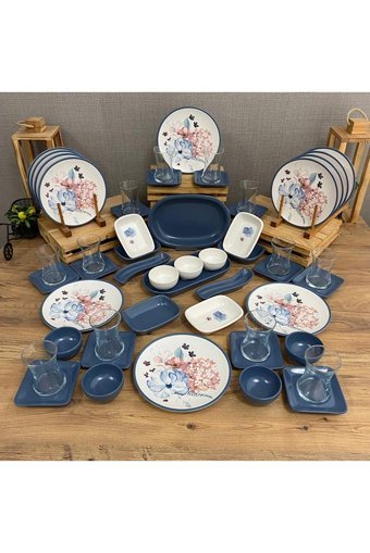 Demet Çeyiz Blue Flowers Kare Desenli 53 Parça 12 Kişilik Stoneware Kahvaltı Takımı Mavi