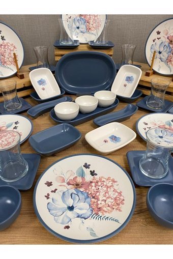 Demet Çeyiz Blue Flowers Kare Desenli 53 Parça 12 Kişilik Stoneware Kahvaltı Takımı Mavi