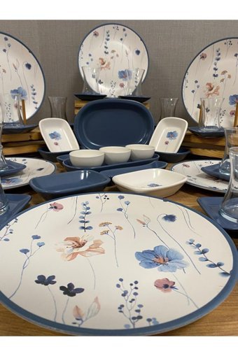 Demet Çeyiz Blue Flowers Yuvarlak Desenli 53 Parça 12 Kişilik Stoneware Kahvaltı Takımı Mavi
