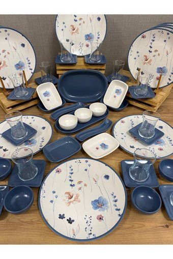 Demet Çeyiz Blue Flowers Yuvarlak Desenli 53 Parça 12 Kişilik Stoneware Kahvaltı Takımı Mavi