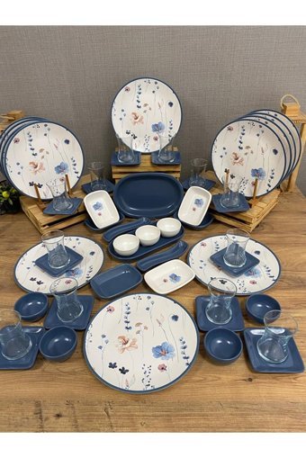 Demet Çeyiz Blue Flowers Yuvarlak Desenli 53 Parça 12 Kişilik Stoneware Kahvaltı Takımı Mavi