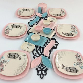 Keramika Retro Desenli 31 Parça 6 Kişilik Seramik Kahvaltı Takımı Beyaz-Pembe