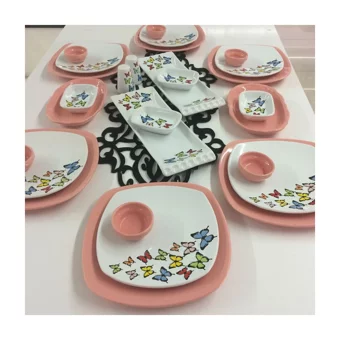Keramika Kelebek Kare Desenli 28 Parça 6 Kişilik Seramik Kahvaltı Takımı Beyaz-Pembe