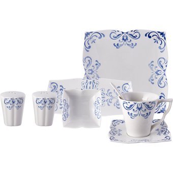 Karaca Indigo Kare Desenli 32 Parça 6 Kişilik Porselen Kahvaltı Takımı Beyaz