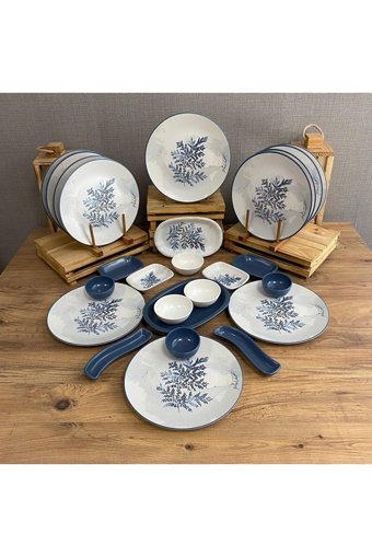 Keramika Blue Desenli 26 Parça 12 Kişilik Seramik Kahvaltı Takımı Beyaz-Mavi