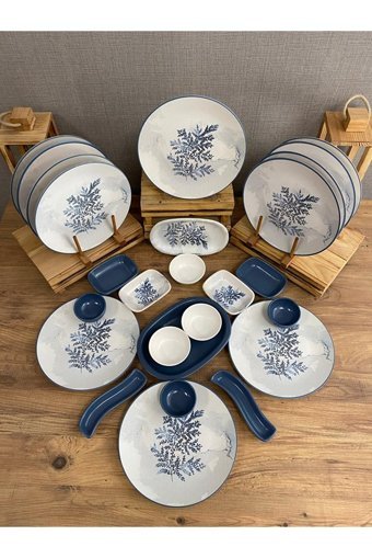 Keramika Blue Desenli 26 Parça 12 Kişilik Seramik Kahvaltı Takımı Beyaz-Mavi