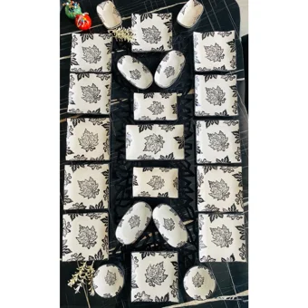 Venüs Home Decoratıon Yaprak Desenli 23 Parça 12 Kişilik Seramik Kahvaltı Takımı Beyaz-Siyah