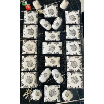 Venüs Home Decoratıon Yaprak Desenli 23 Parça 12 Kişilik Seramik Kahvaltı Takımı Beyaz-Siyah