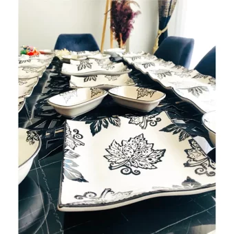 Venüs Home Decoratıon Yaprak Desenli 23 Parça 12 Kişilik Seramik Kahvaltı Takımı Beyaz-Siyah