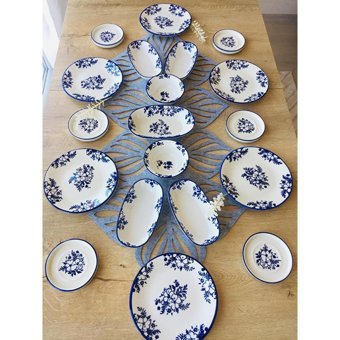 Venüs Home Decoratıon Yasemin Desenli 19 Parça 6 Kişilik Seramik Kahvaltı Takımı Mavi