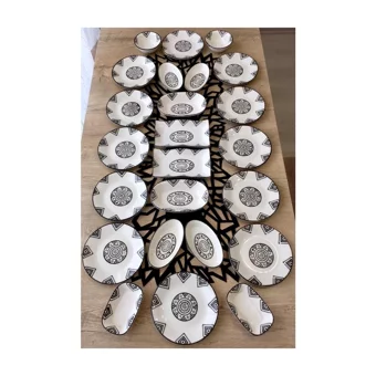 Venüs Home Kilim Desenli 24 Parça 12 Kişilik Seramik Kahvaltı Takımı Beyaz-Siyah