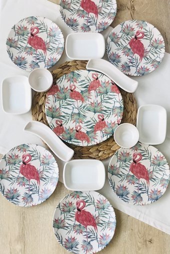 Gulhanıle Flamingo Yuvarlak Desenli 15 Parça 6 Kişilik Seramik Kahvaltı Takımı Çok Renkli