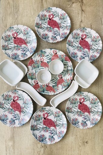 Gulhanıle Flamingo Yuvarlak Desenli 15 Parça 6 Kişilik Seramik Kahvaltı Takımı Çok Renkli