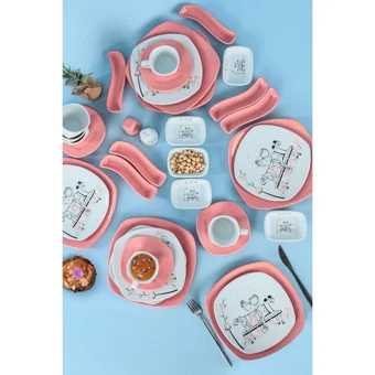 Keramika Tatlı Düş Desenli 42 Parça 6 Kişilik Seramik Kahvaltı Takımı Beyaz-Pembe