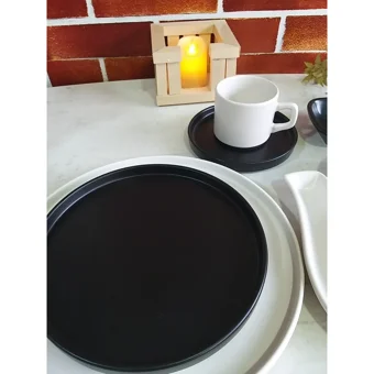Keramika Stackable Yuvarlak 13 Parça 2 Kişilik Seramik Kahvaltı Takımı Beyaz-Siyah