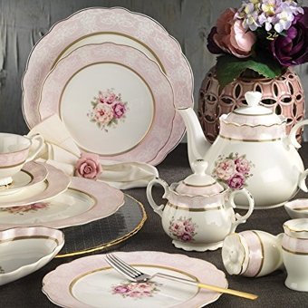 Aryıldız 50014 Yuvarlak Desenli 36 Parça 6 Kişilik Porselen Kahvaltı Takımı Pembe