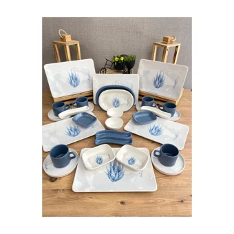 Keramika Blue Magic Kare Desenli 30 Parça 6 Kişilik Seramik Kahvaltı Takımı Beyaz-Mavi