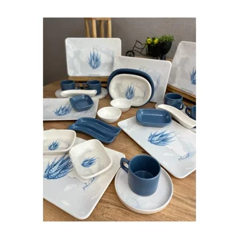 Keramika Blue Magic Kare Desenli 30 Parça 6 Kişilik Seramik Kahvaltı Takımı Beyaz-Mavi