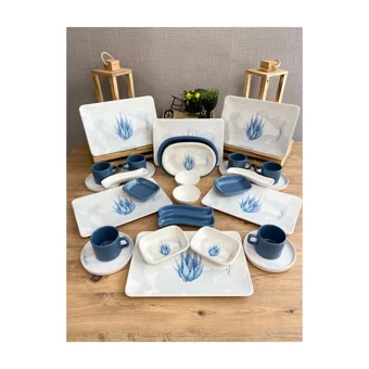 Keramika Blue Magic Kare Desenli 30 Parça 6 Kişilik Seramik Kahvaltı Takımı Beyaz-Mavi
