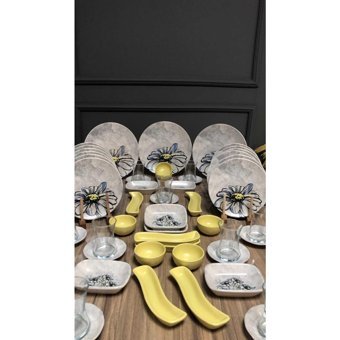 Keramika Oval-Yuvarlak Desenli 57 Parça 12 Kişilik Stoneware Kahvaltı Takımı Çok Renkli