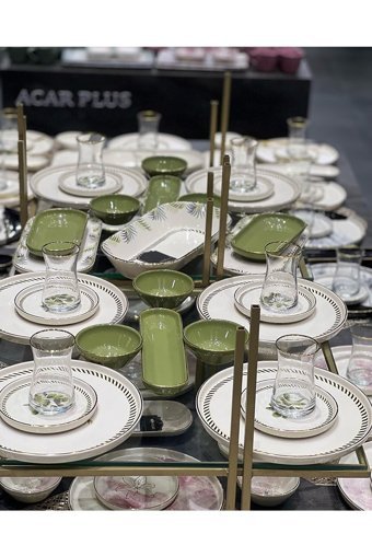 Onedekor Modern Green Flower Desenli 37 Parça 6 Kişilik Seramik Kahvaltı Takımı Beyaz-Yeşil