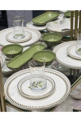Onedekor Modern Green Flower Desenli 37 Parça 6 Kişilik Seramik Kahvaltı Takımı Beyaz-Yeşil
