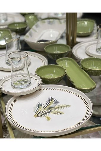 Onedekor Modern Green Flower Desenli 37 Parça 6 Kişilik Seramik Kahvaltı Takımı Beyaz-Yeşil