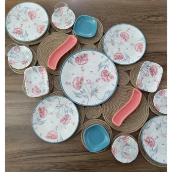Keramika Çiçek Yuvarlak Desenli 19 Parça 4 Kişilik Seramik Kahvaltı Takımı Beyaz-Mavi-Pembe