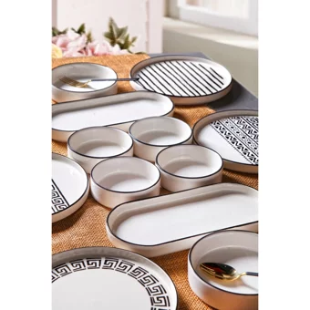 Kitchen Life Sio Savior Desenli 14 Parça 6 Kişilik Seramik Kahvaltı Takımı Beyaz-Siyah