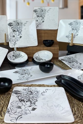 Keramika Lotus Desenli 19 Parça 6 Kişilik Seramik Kahvaltı Takımı Beyaz