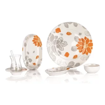 Schafer Spring Desenli 32 Parça 6 Kişilik Porselen Kahvaltı Takımı Turuncu